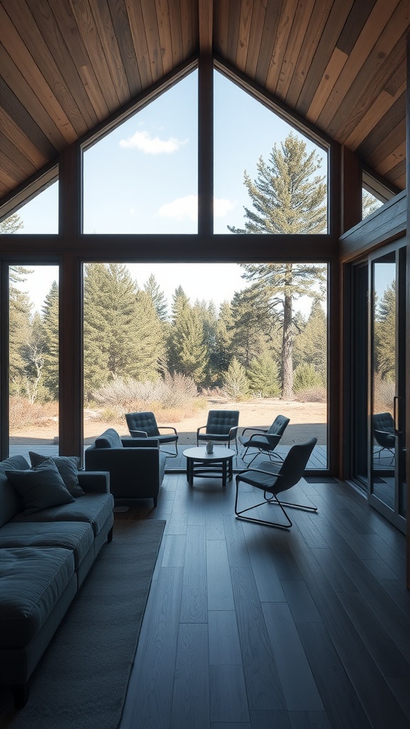 A cozy cabin interior featuring large windows that connect to the outdoor scenery.