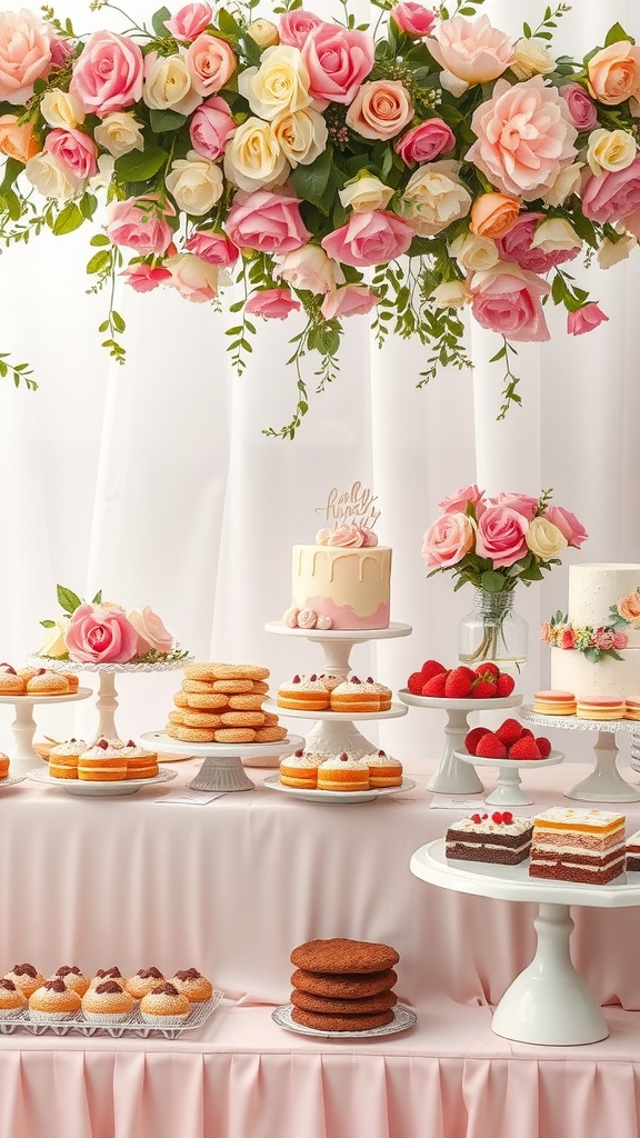 A beautifully arranged dessert table featuring assorted cakes, pastries, and fresh strawberries, adorned with floral decorations.