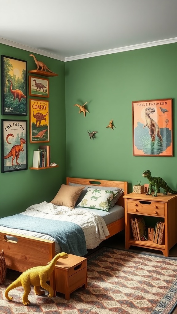 A vintage boys bedroom designed with a dinosaur theme featuring green walls, dinosaur artwork, plush toys, and wooden furniture.