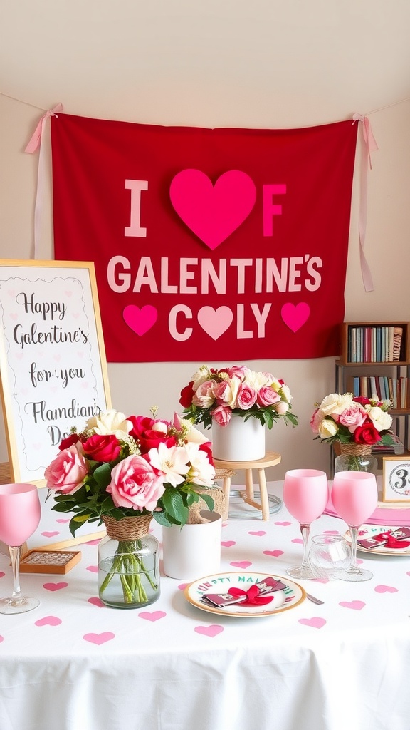 A colorful Galentine's themed table with floral arrangements, pink drinks, and a sign for a DIY floral crown station.