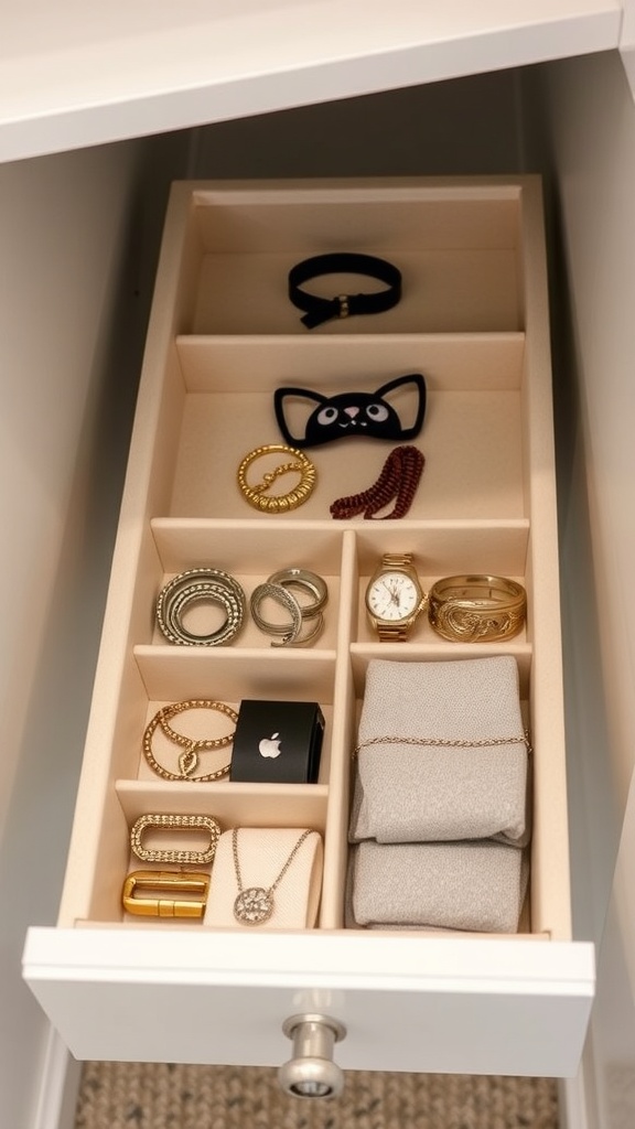 A neatly organized drawer with dividers holding various small items like jewelry and accessories.