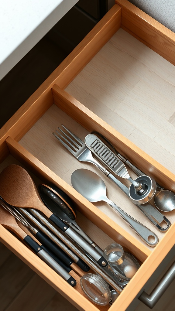 Organized kitchen drawer with wooden dividers for utensils.