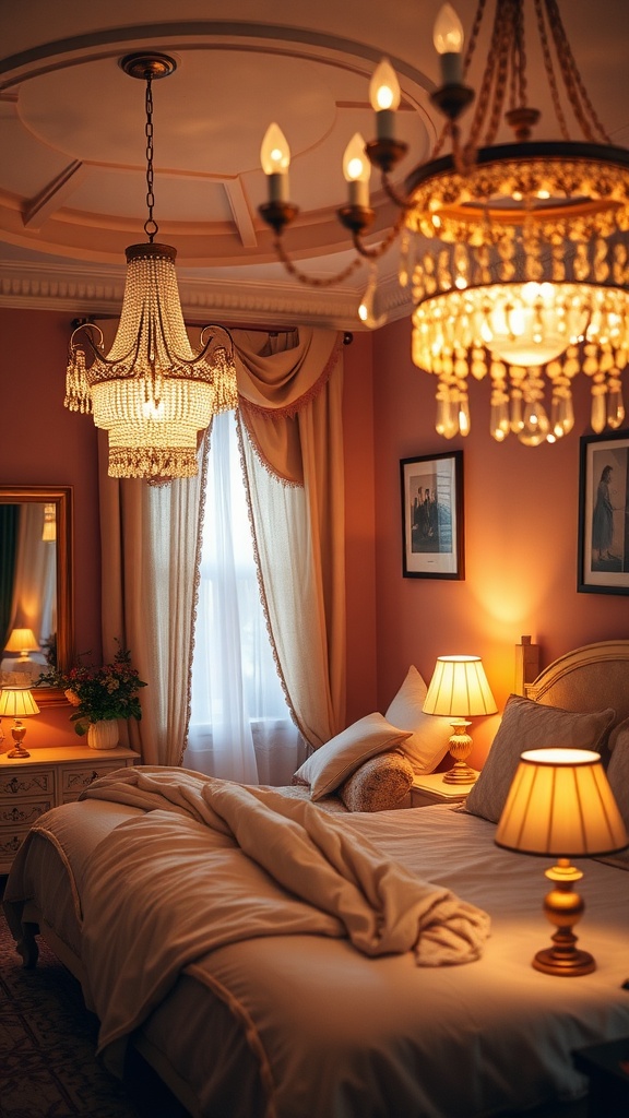 A cozy bedroom with elegant lighting fixtures including a chandelier and warm bedside lamps.