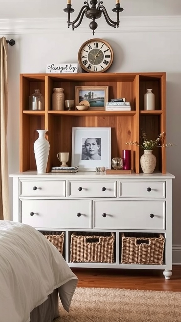 A stylish bedroom dresser with open shelving and decorative items.