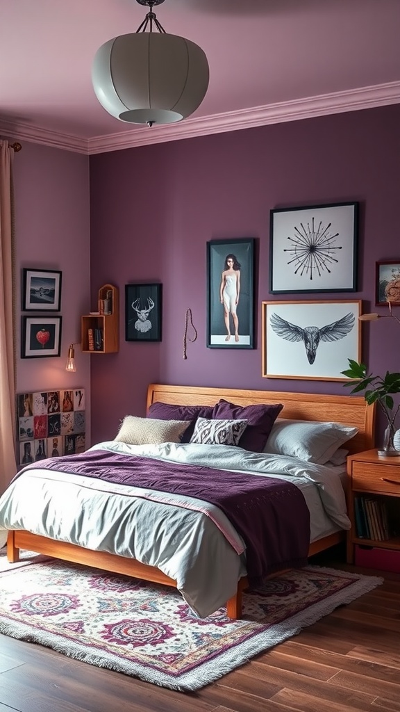 A cozy bedroom with dusky purple walls, artistic artwork, and layered purple bedding.