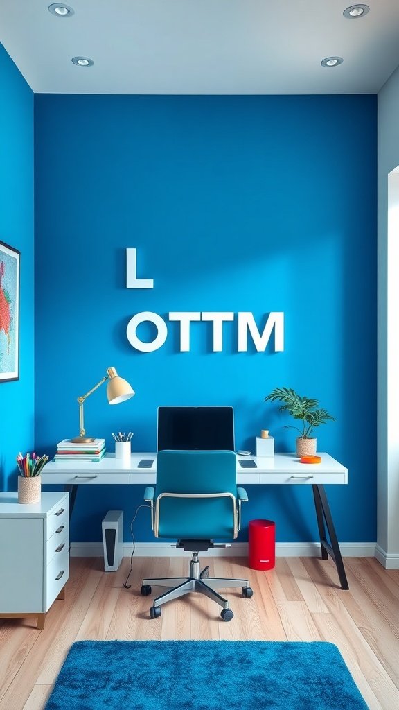 A dynamic office space featuring a bold blue wall, stylish desk, and modern decor.