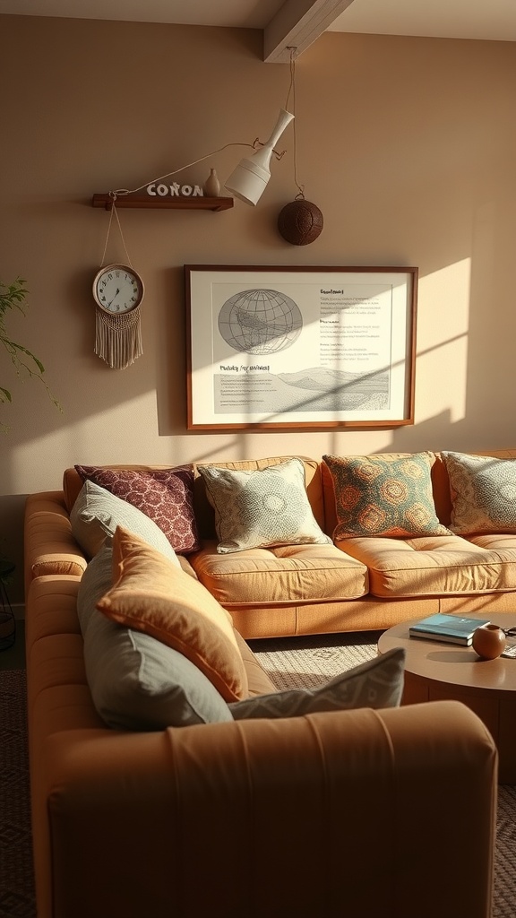 Cozy Western living room with an orange couch and patterned pillows, featuring an earthy color palette.