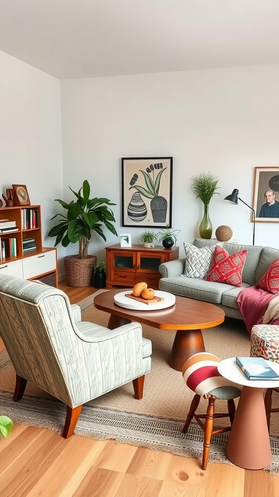 A cozy modern boho living room featuring a mix of eclectic furniture styles, a round coffee table, and vibrant plants.