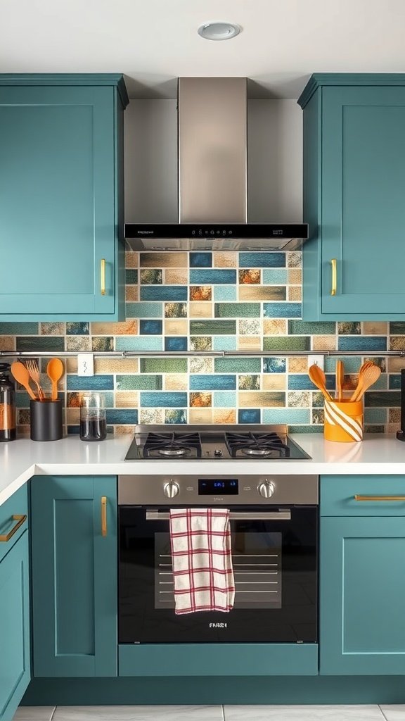 An eclectic kitchen with teal cabinets and a colorful mosaic backsplash.