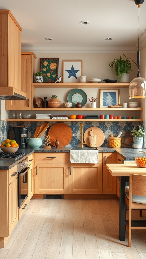 A cozy kitchen featuring light wood cabinets and colorful decor.