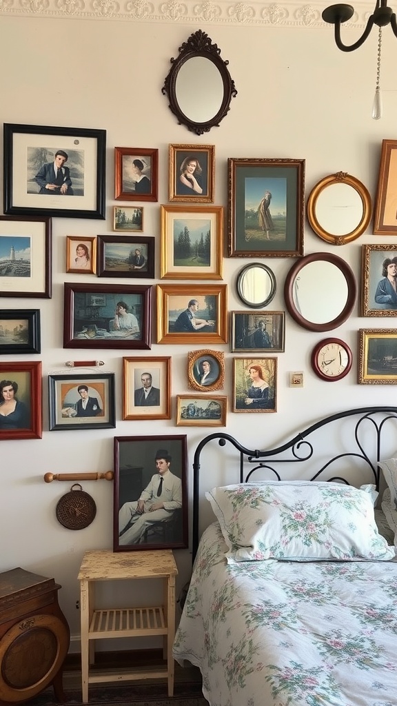 A wall art gallery with various framed portraits and mirrors in a vintage style bedroom.