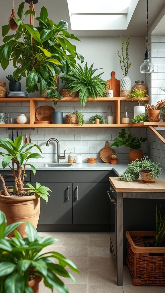 A modern kitchen with recycled materials and plants, showcasing eco-friendly design.