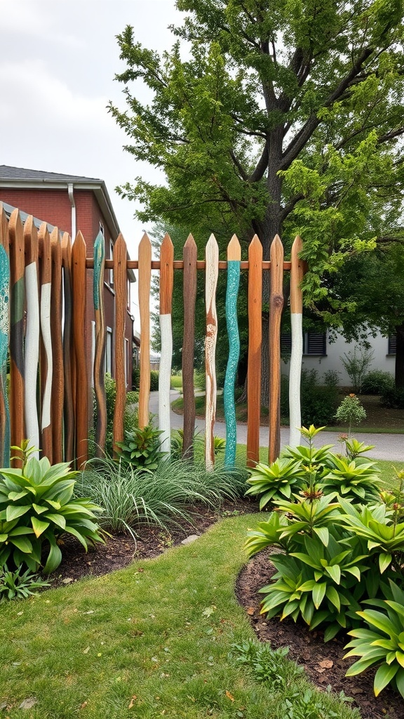 Colorful recycled wood fence with greenery in a backyard