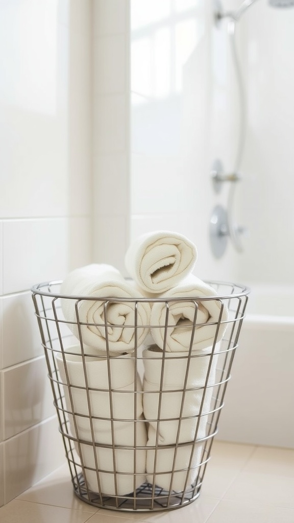 A wire basket filled with neatly rolled white towels in a bathroom setting.