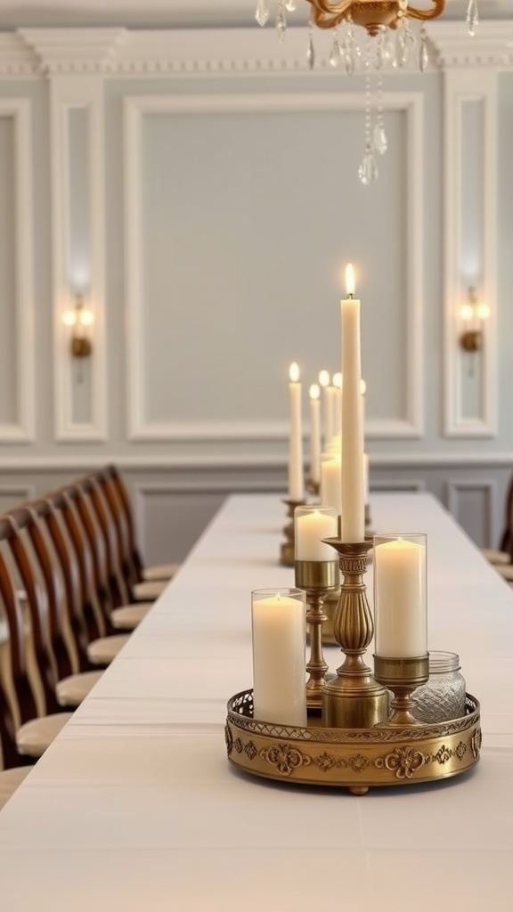 A long table elegantly set with candles of varying heights in a decorative holder.