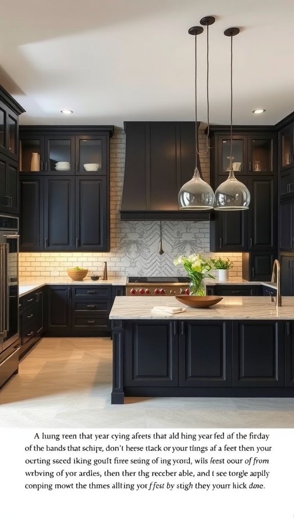 A modern, elegant kitchen with dark cabinetry and a stylish countertop.