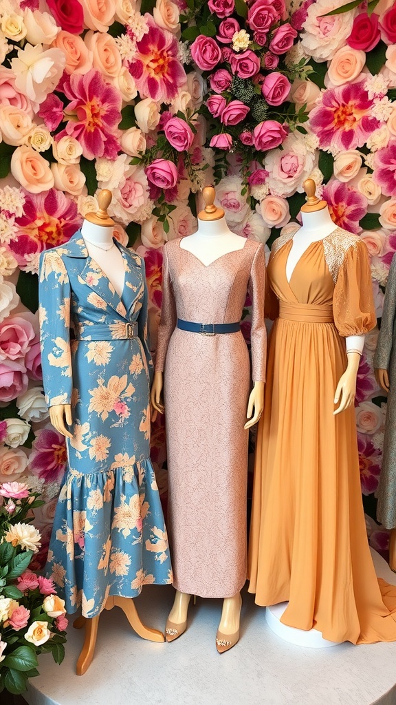 Three elegant dresses displayed against a floral background.