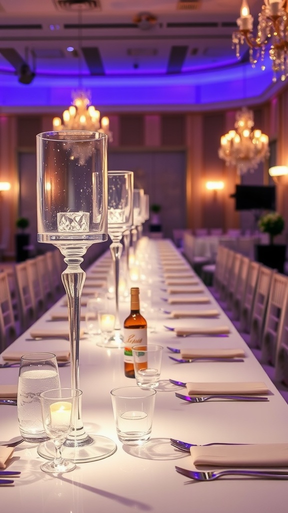 A beautifully set long table featuring elegant glass and crystal candle holders with soft lighting.