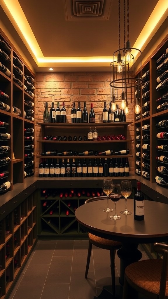 A stylish home wine cellar bar featuring wooden shelves filled with wine bottles, a small round table with glasses, and warm lighting.