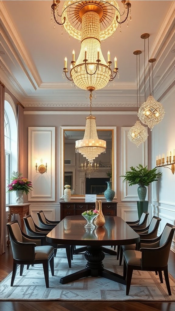 Elegant dining room with beautiful chandeliers and sophisticated decor