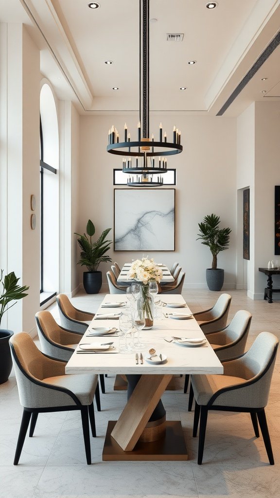 A modern restaurant interior featuring a long dining table with elegant chairs, neutral colors, and stylish decor.