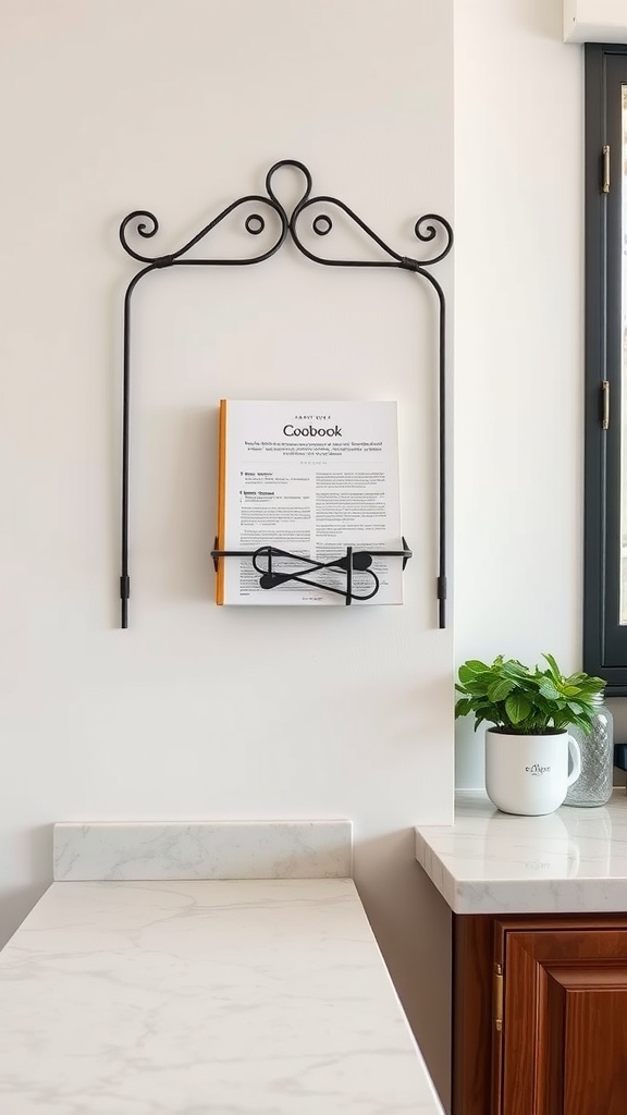 Wall-mounted cookbook holder displaying a cookbook in a minimalist kitchen setting.