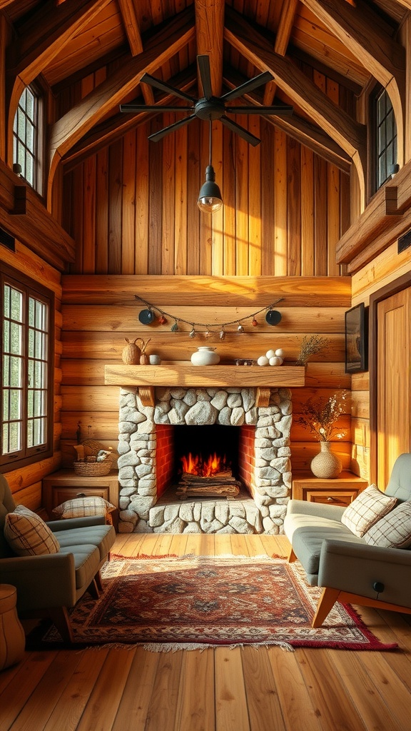 A cozy cabin interior featuring wooden walls, a stone fireplace, and comfortable seating.