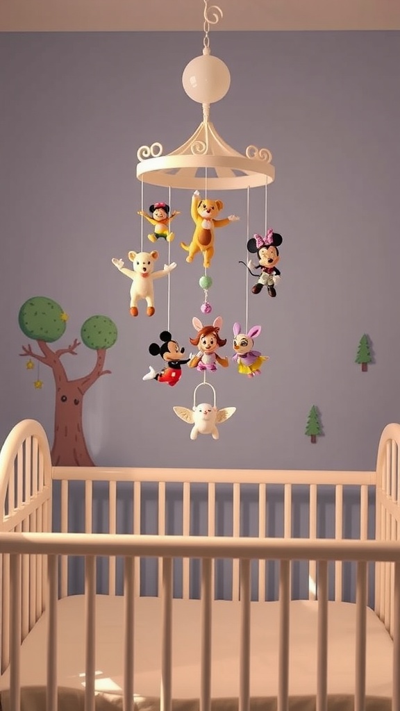 A whimsical Disney character mobile hanging above a crib in a nursery.