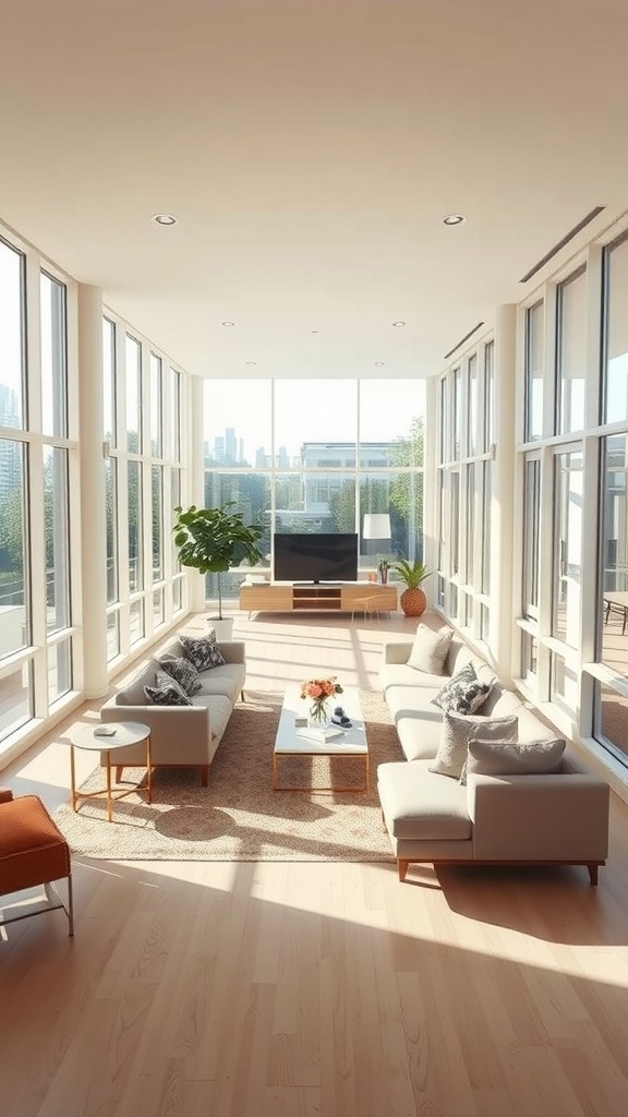 A bright and spacious long rectangle living room with large windows allowing natural light, comfortable seating, and plants.