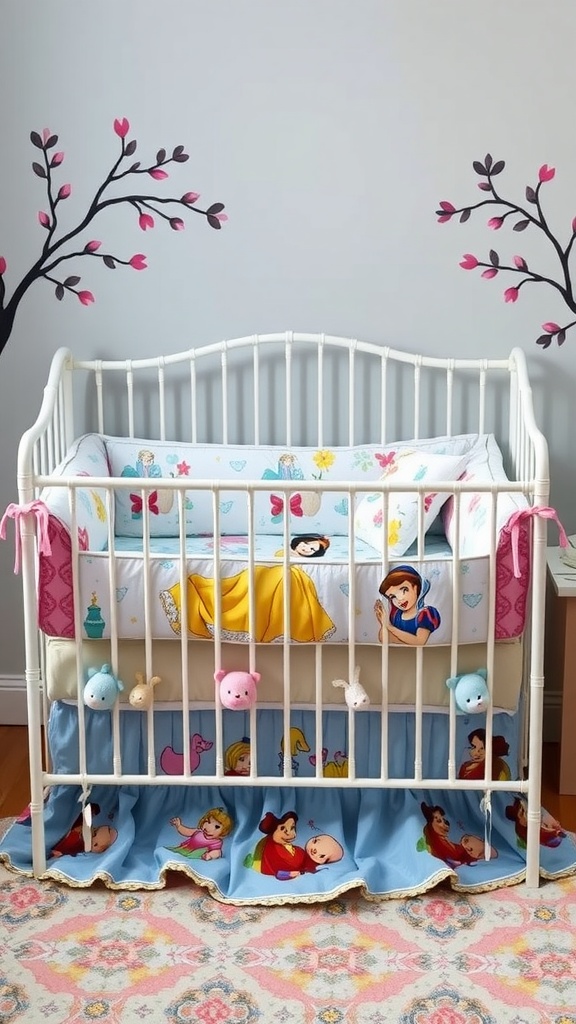 A crib with fairy tale themed bedding featuring Snow White and other Disney princesses.