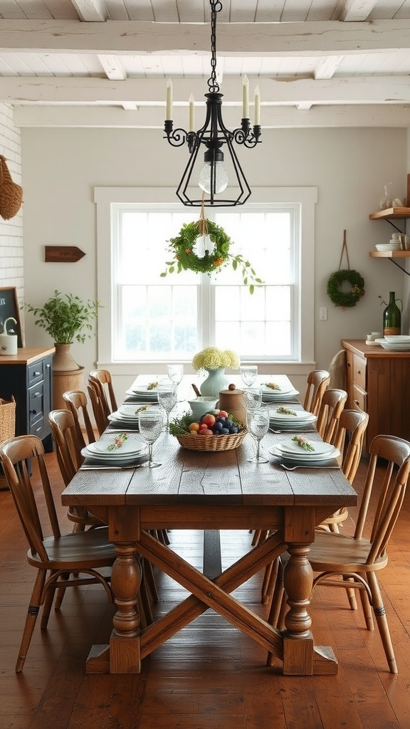 A rustic dining table with wooden chairs, adorned with decorative items in a cozy kitchen setting.