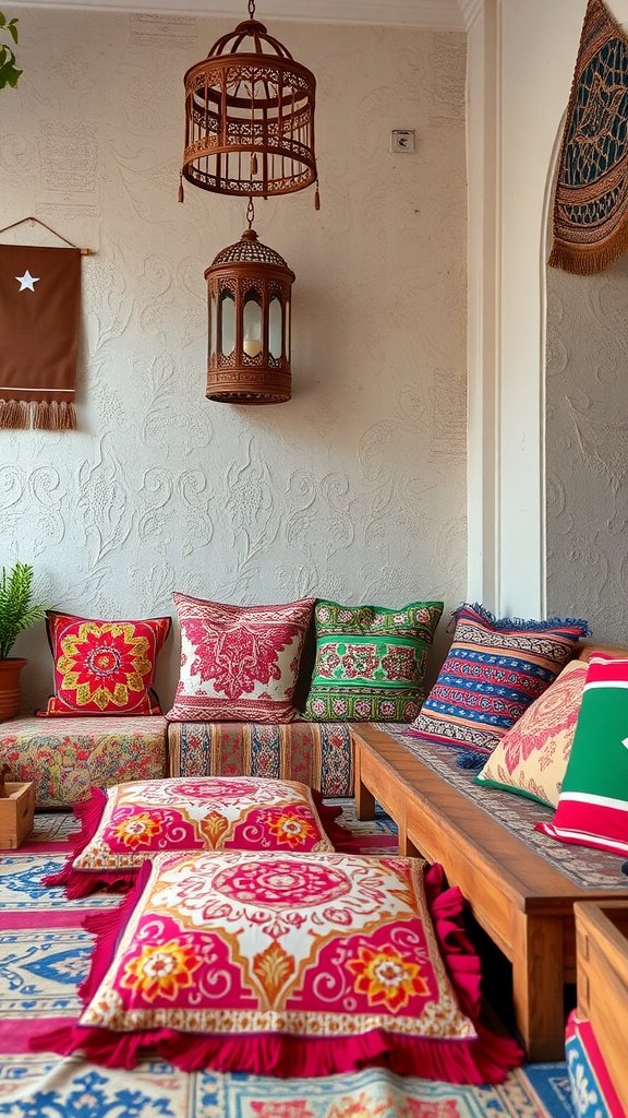 Colorful cushions and throws arranged in a cozy living space, perfect for Ramadan decor.