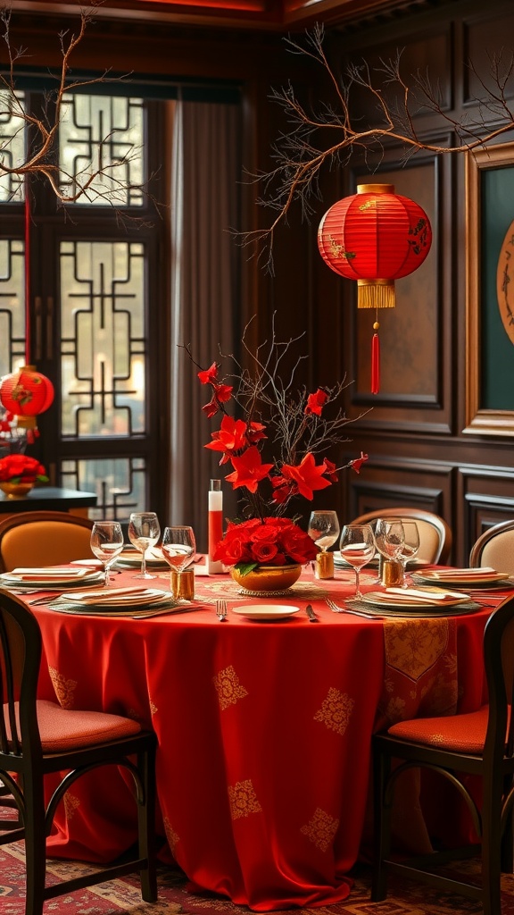 A beautifully set table for Lunar New Year with red tablecloth, flowers, and lanterns.