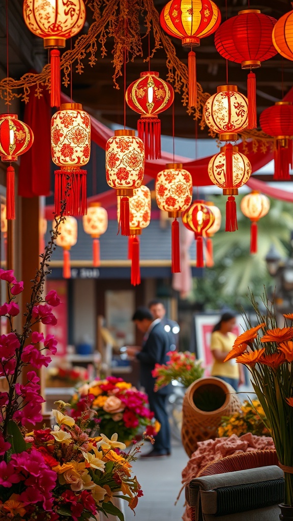 Colorful firecracker decorations with lanterns and flowers for Lunar New Year.