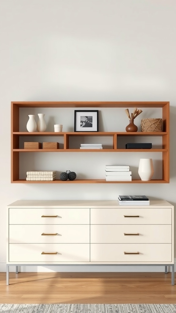 A modern floating dresser with open shelves, featuring a minimalist design and stylish decor.