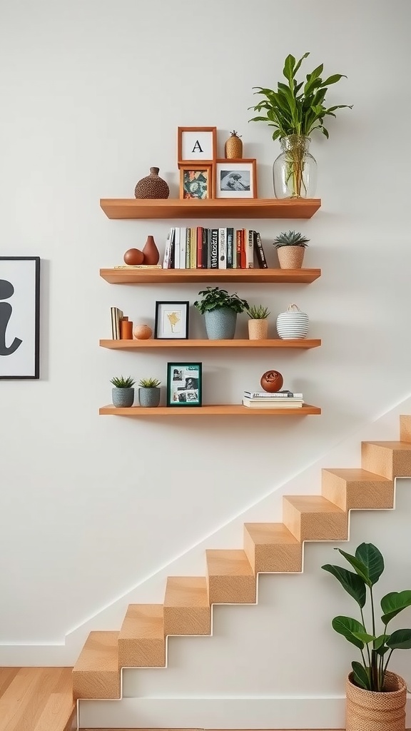 A set of floating shelves with decor on a stairway wall, featuring books, plants, and framed pictures.