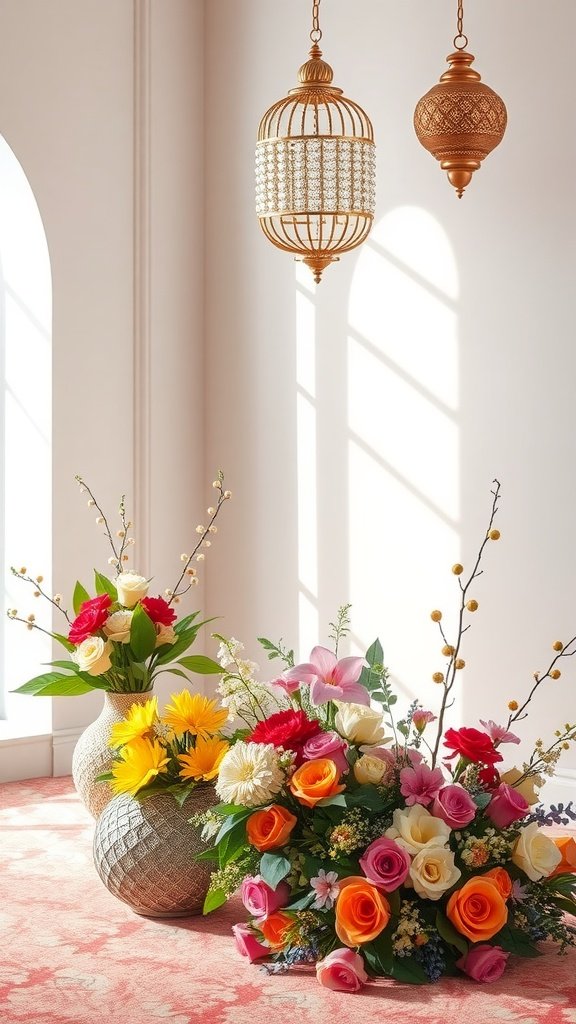 Colorful floral arrangements in decorative vases with cultural lanterns in the background.