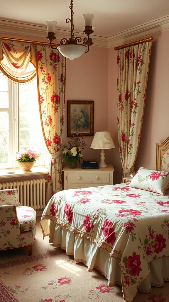 A vintage-themed bedroom with floral patterned textiles on the bed and curtains, featuring soft pink walls and cozy decor.