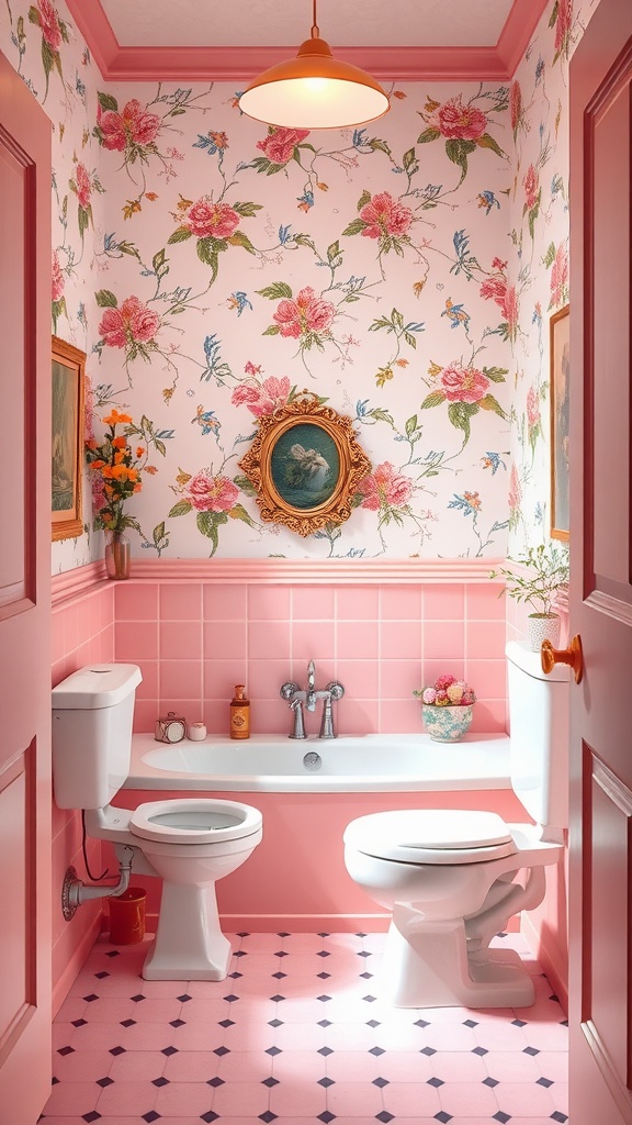 A pink bathroom featuring floral wallpaper, a bathtub, and elegant decor.