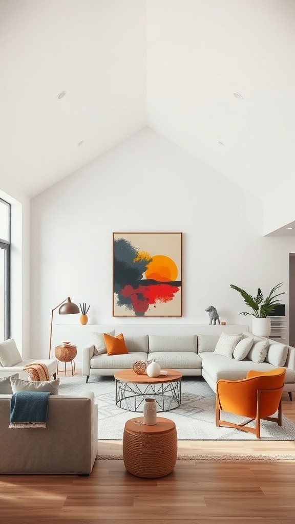 A stylish living room with a half vaulted ceiling, featuring a large artwork, cozy furniture, and bright natural light.