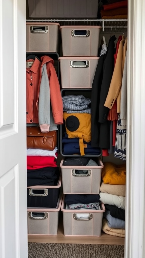 Organized small closet with foldable storage bins and neatly hung clothes