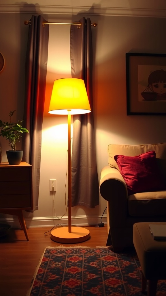 A cozy living room scene featuring a bright yellow floor lamp, gray curtains, and colorful cushions.