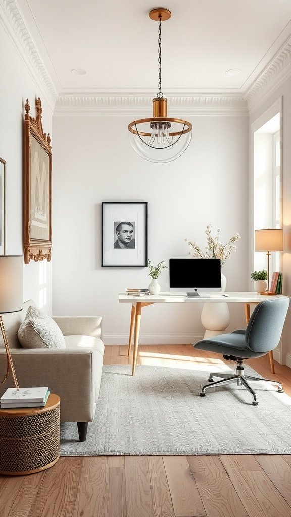 A cozy home office with a light color scheme, featuring a desk, comfortable chair, and tasteful decor.