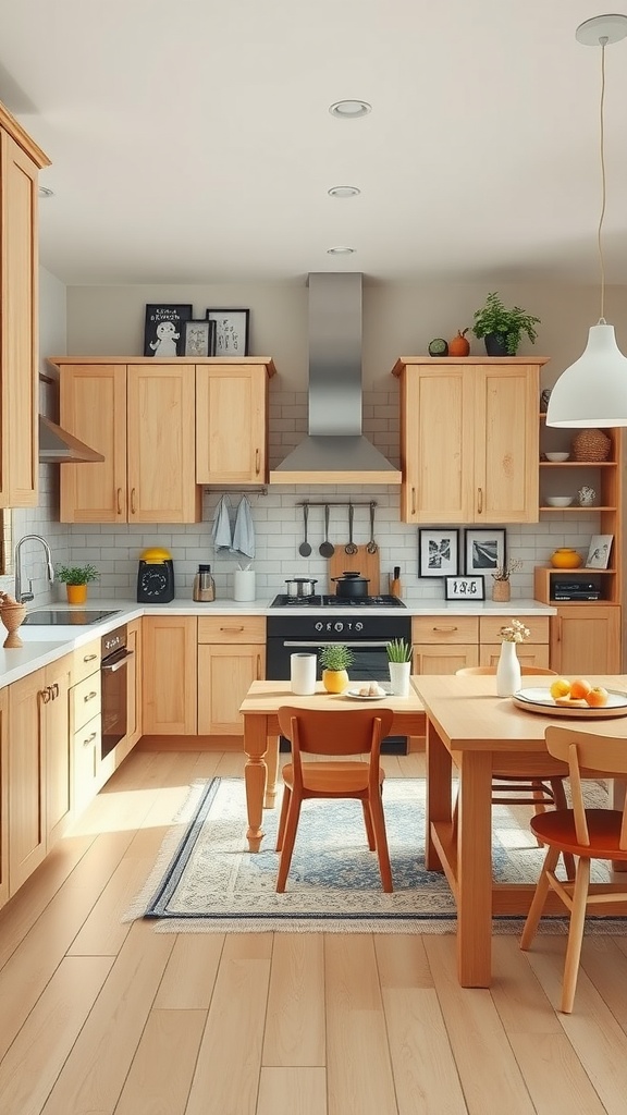 A bright and inviting light wood kitchen with playful decor and a central dining table.