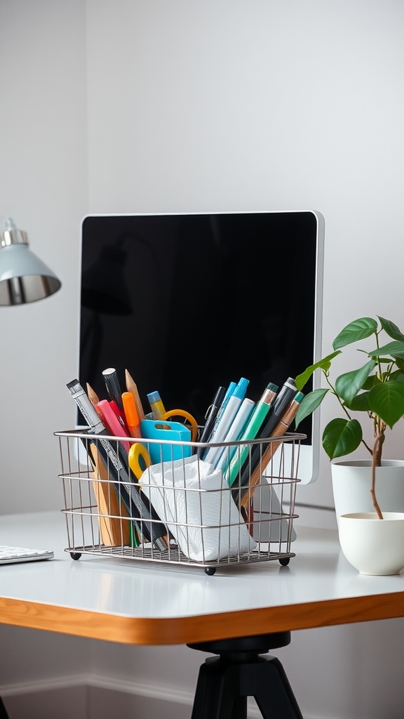 A wire basket filled with various office supplies like pens and pencils on a modern desk