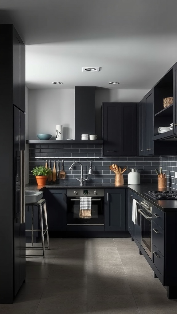 A modern dark kitchen with sleek cabinets and stylish decor.