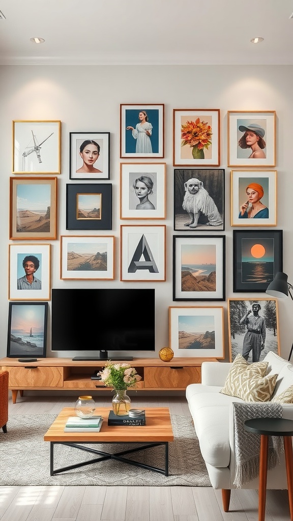 Gallery wall art display with various framed artworks and photographs