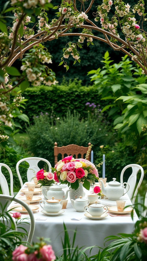 A garden tea party setup with floral decorations and elegant tableware.