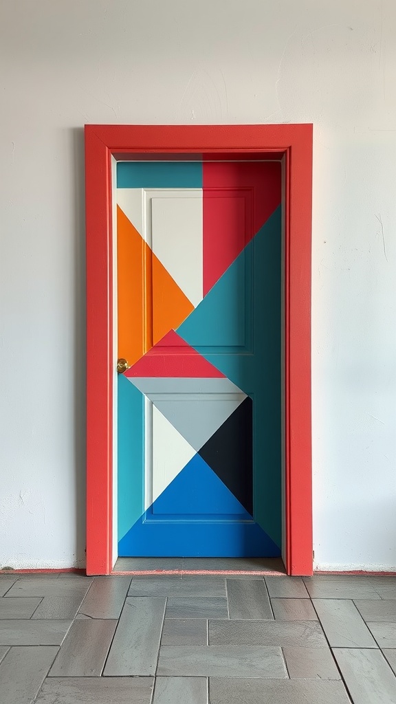 A colorful door featuring geometric patterns, showcasing a modern interior design element.