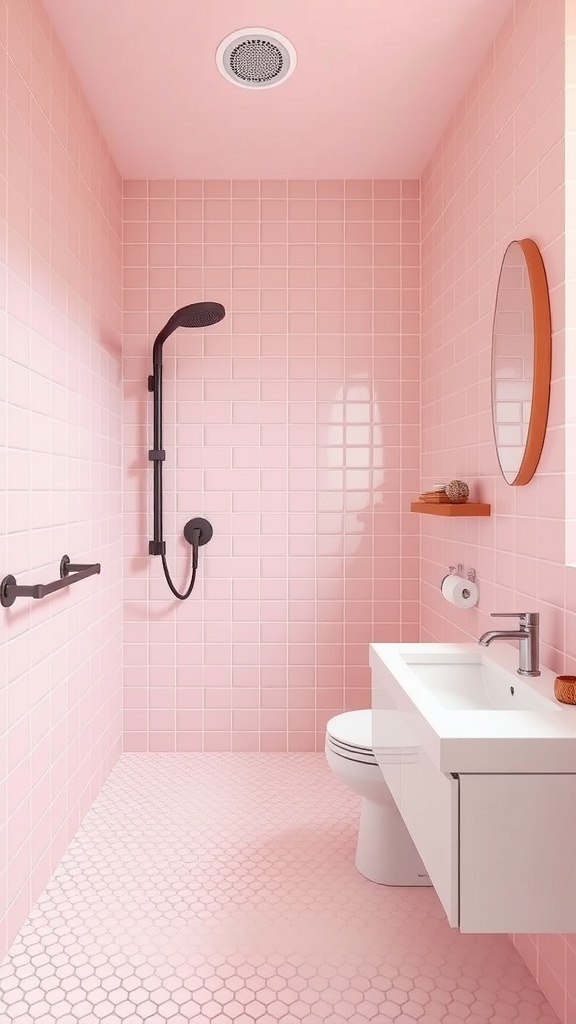 A modern pink bathroom featuring geometric tiles and sleek fixtures